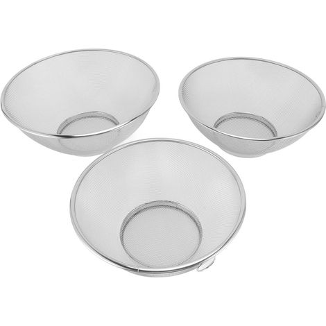 Set di 3 scolapasta in acciaio inox con cestelli a rete da 8,7 pollici, 9,4 pollici e 10,2 pollici di diametro per scolare e sciacquare riso, pasta, verdura e frutta. (1/5)