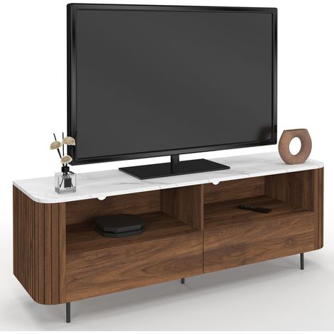 140 cm MARLA mobile TV effetto doghe in noce con 2 cassetti e piano in marmo bianco ALASKA
