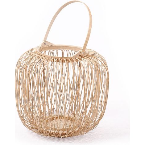 HILO - Lanterne M en Bambou Tressé à la Main - Avec Verre pour Photophore - 26cm - Style Bohème et Ethnique - Couleur Beige - Finition Naturelle (1/2)