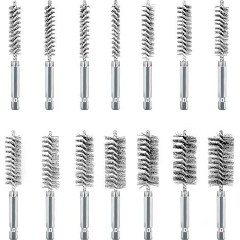 14Pcs Brosses Métalliques pour Visseuse, Acier Inoxydable Brosses Métallique a Main Cylindriques, Jeu de Brosse de Trou pour Perceuse Meuleuse et Autres Outils Rotatifs-Crezuo