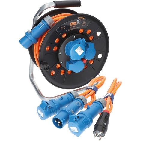 Kalle Campingkabeltrommel CEE 230V 16A 2,5mm² Extreme Signal Orange IP44 25 Meter im Set mit Anschlussleitung 1,5 Meter + Adapterleitung 1,5 Meter (1/5)