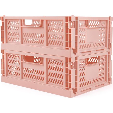 Lot de 2 caisses de rangement en plastique empilables et pliables pour bureau, maison, cuisine, chambre à coucher, salle de bain (taille L, rose) (1/5)