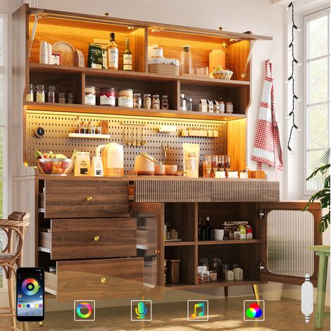Credenza alta in MDF e vetro walnuss con LED RGB, anta a ribalta, pannello forato e cassetto, 145x39x171 cm (1/5)