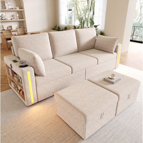 Modulares U/L-Sofa 5-6 Plätze, 2 Hocker mit Stauraum, LED, USB/Type-C, Beige HAVRYA (1/5)