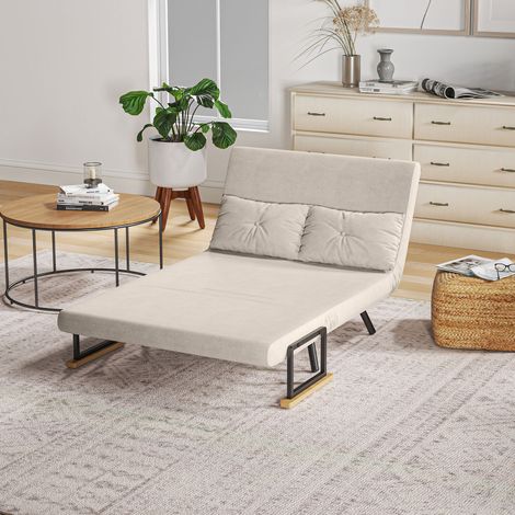 4-in-1-Schlafsofa für 2 Personen, 5-fach verstellbare Rückenlehne, klappbares Doppelschlafsofa mit 2 Kissen, gepolsterter Sitz, Samtbezug für Zuhause und Büro, 102 x 73 x 81 cm, Creme