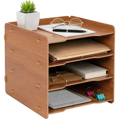 Relaxdays Briefablage, DIN A4, 4 Fächer, HxBxT: 25 x 25 x 31 cm, MDF, Stecksystem, Ablagefächer Büro, Büroablage, braun (1/5)