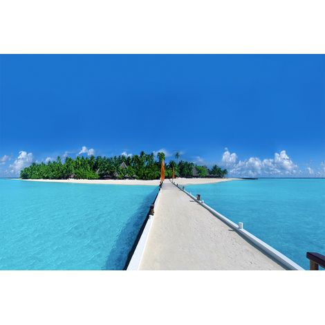 Papier peint panoramique plage bleu turquoise bar | Tapisserie panoramique moderne paradisiaque | Papier peint panoramique tendance escaliers - 267 x 400 cm (4 pièces) (1/2)