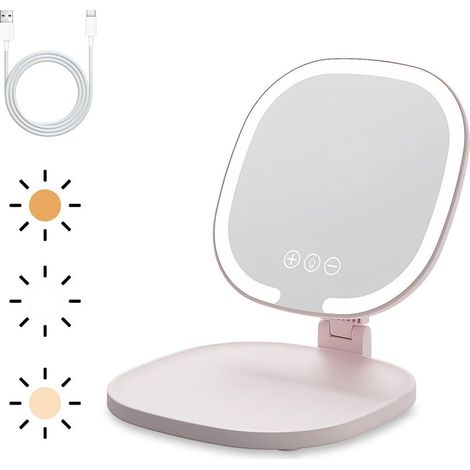 Miroir Maquillage Lumineux avec LED, Miroir de Voyage Portable, Mirroir Rechargeble Super HD avec Écran Tactile,3 Modes (Rose) (1/5)