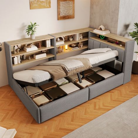Lit coffre 90x200 cm, lit enfant avec rangement hydraulique et sommier relevable, LED APP avec USB-A et USB-C, module latéral en velours gris (1/5)