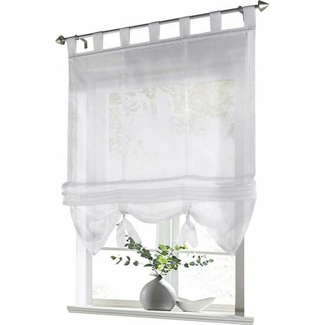 Stores romains à boucles en voile blanc 120x155cm – 100% polyester – Montage par passants – Pour cuisine moderne (1/5)