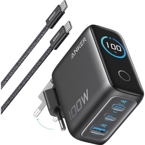 Cargador de pared ANKER 100 W con 2 USB-C y 1 USB-A, pantalla digital, negro