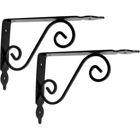 Lot de 2 Consoles d'étagères décoratives 200x126x25 mm - couleur: noir - "effet fer forgé" supports équerres renforcées à angle droit - pour fixation murale - en acier (1/4)
