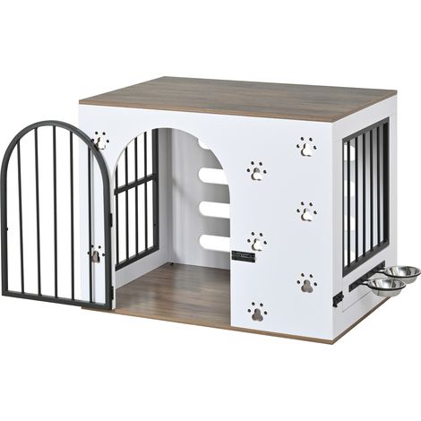 CHICFURN Caja para perro 2 en 1 con estación de comida, mueble auxiliar y mesa de noche, diseño escandinavo en blanco y madera clara, con 2 cuencos de acero inoxidable (1/5)