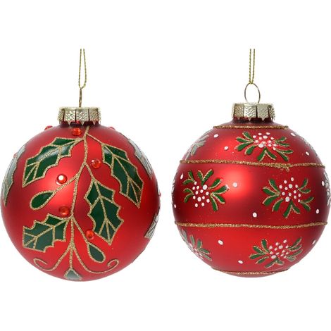 Decoris Pallina di Natale in Vetro Rosso con Decoro Agrifoglio - 8 cm (1/3)