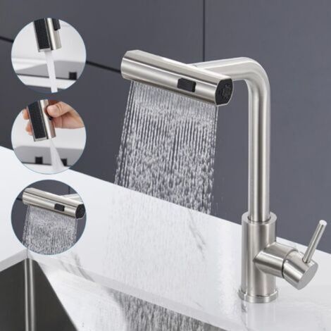 Robinet Cuisine con Ducha Extraíble, Mitigeur Cuisine Cascade con 3 Modos de Jet, Robinetterie Evier Cuisine Escamotable Pivotant à 360° en Acier Inoxydable, Finition Brossée