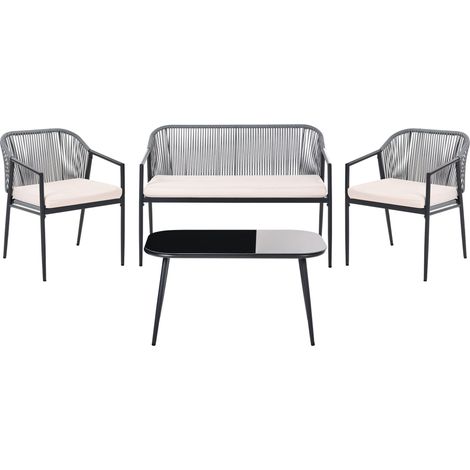 Ensemble de Jardin 4 Places en Rotin PE Structure en Acier Coussins en Tissu avec Housses Amovibles Fauteuil Canapé Table Basse Noir Flero (1/5)