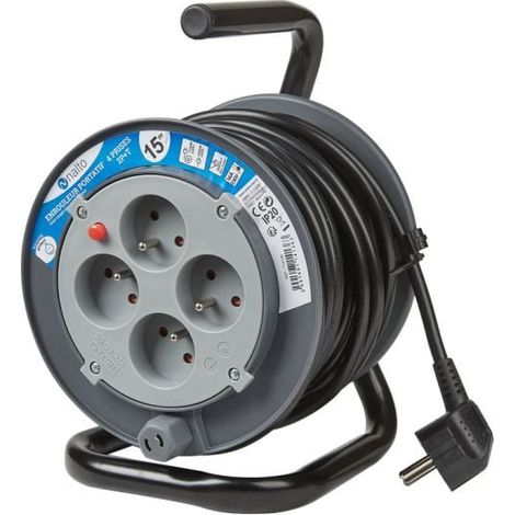 Enrouleur électrique 15m 4 prises 2P+T – Protection thermique – IP20 – Intensité 16A – Puissance 3200W – Pour chantiers humides – Nalto