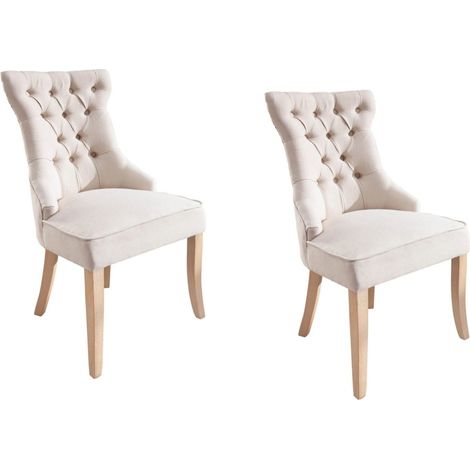 Lote de 2 sillas REGINA beige en lino capitoné – Respaldo alto, anillo plateado y patas de madera clara (1/5)