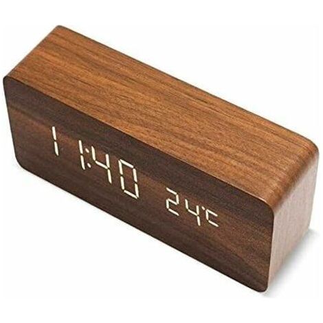 FOREHILL LED horloge en bois horloge électronique en bois lumineux muet température double affichage ET010 rectangulaire marron lumière blanche (1/3)