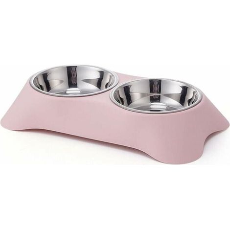 Bol double pour chien, bol double en acier inoxydable antidérapant avec anti-déversement pour petits chiens et chats (S, rose) (1/5)