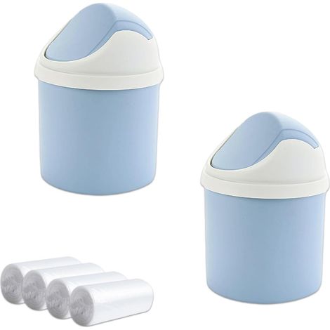 Mini poubelle de bureau 2 pièces avec couvercle et 4 rouleaux de sacs, bleue, pour table, vanité, maison, voiture. (1/5)