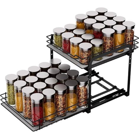 Étagère à épices à 2 niveaux, extensible, étagère à épices réglable pour armoire et plan de travail, organisateur peu encombrant pour épices, boîtes et ustensiles de cuisine (1/5)
