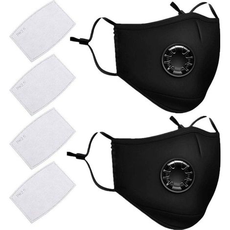 Couvre-visage PM2.5, 2 pièces, 4 filtres, housse en coton lavable et réutilisable avec Valve respiratoire, noir (1/5)