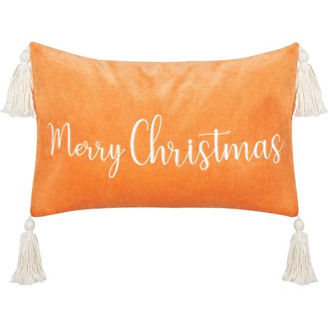 Coussin en Velours Orange à Inscription de Noël avec Pompons 30 x 50 cm Lithops