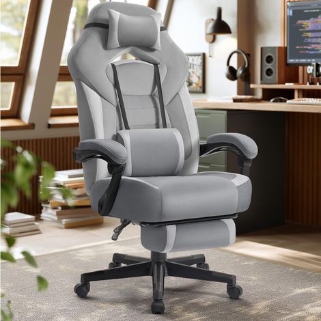 Chaise de Jeu, Chaise d'Ordinateur, Ergonomique, avec Repose-Pieds, Coussin de Tête Ajustable, Support Lombaire, Capacité de Charge de 150 kg, Gris Ardoise et Gris Tourterelle OBG077G02 (1/5)