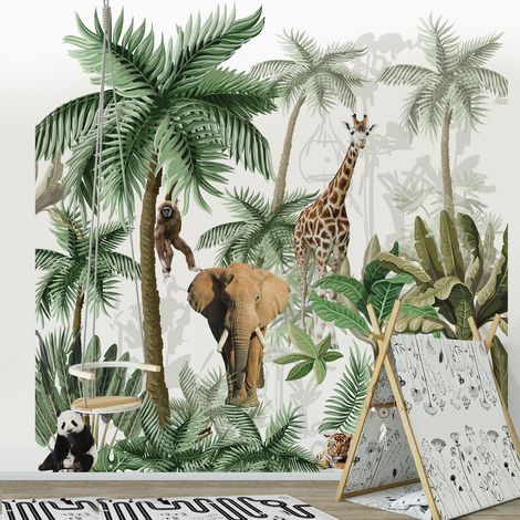 Papier peint intissé animaux de la jungle, illustration forêt tropicale, pour chambre d'enfant, 250 cm X 250 cm (1/2)