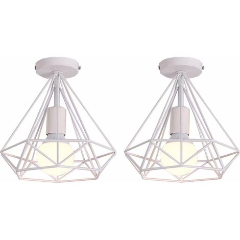 2 Pack 25cm Diamant Plafonnier Cage en Métal Rétro Industrielle Luminaire Blanc