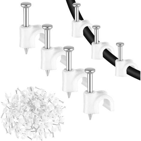 Andibro Lot de 100 colliers de serrage avec clous, support de câbles mural, 8 mm, gestion des câbles pour câbles, câble réseau, blanc (8 mm) (1/5)