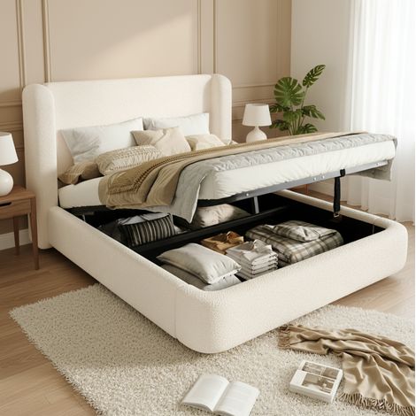 Cama doble tapizada (219x189x100 cm), con almacenaje bajo el somier, cabecero acolchado, bouclé beige (1/5)