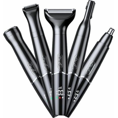 Tondeuse nasale 5-en-1 pour homme, rechargeable USB-C, coupe sourcils et visage indolore, kit de toilettage électrique étanche IPX7, écran LED, équipé de 5 lames, noir classique. (1/5)