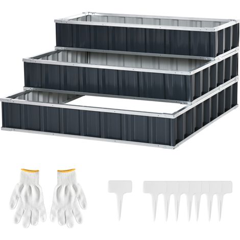 Jardinière surélevée en acier , 3 niveaux, avec étiquettes pour plantes en forme de T, gants, jardinière, potager, escalier fleuri pour balcon, jardin, gris foncé, 118 x 118 x 62 cm