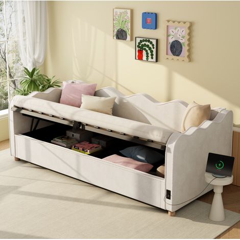 REDOM - Cama infantil 90x200 cm - con almacenamiento hidráulico - USB y respaldo - terciopelo - beige (Sans matelas) (1/5)
