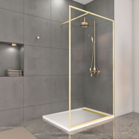 Parete doccia 120x200cm finitura Oro spazzolato + Piatto doccia bianco 120x90x4cm