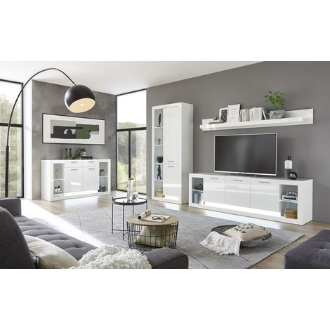 Modernes Wohnwand Set mit Kommode MAILAND-61 Hochglanz weiß, LED-Beleuchtung, B/H/T 298/198/43 cm (1/5)