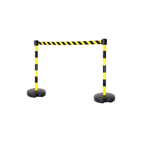 Kit 2 Poteaux PVC Jaune/Noir sur socle 9kg à lester avec tête à sangle Jaune/Noir hachuré 3m x 50mm et tête réceptrice - 2800075