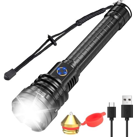 Linterna LED XHP90 de alta potencia (90000 lúmenes), recargable por USB, con zoom e indicador de batería para uso en interiores y exteriores. (1/5)