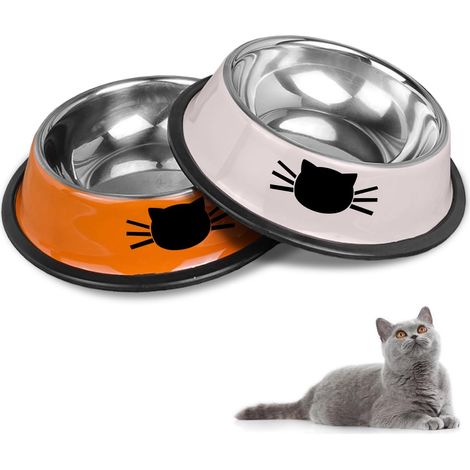 Ensemble de Gamelles Antidérapantes en Acier Inoxydable pour Chat et Animaux de Compagnie (Gris + Orange) (1/4)