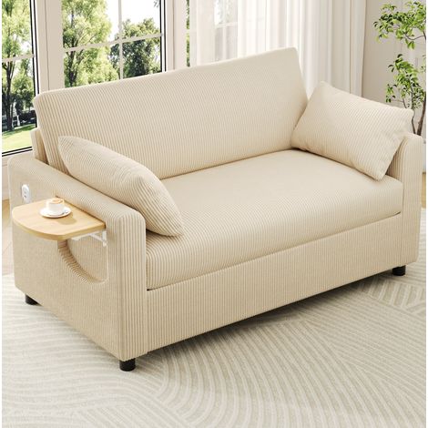 Sofa Schlafsofa ausziehbar Cord Beige USB Tisch HAVRYA (1/5)