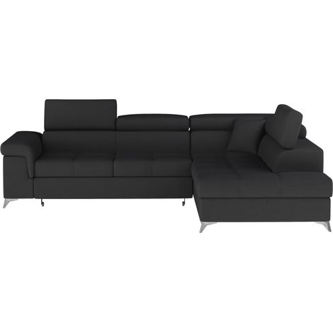 Canapé d'angle convertible tissu MARIDO - Coffre et appuis-tête réglables-Noir-angle droit (1/5)