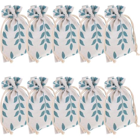 10 Pièces Sachet à Cordon en Toile de Jute Imprimé Feuilles, Mini Paquet à Cordon pour Petits Objets et Décorations, Facile à Transporter Ranger, pour Noël et Anniversaires (1/5)