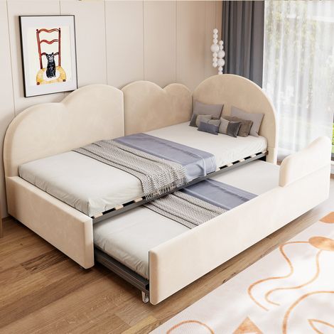 Canapé-lit rembourré extensible L 90/180x200cm - Tête de lit nuage velours - Velours - Beige (1/5)