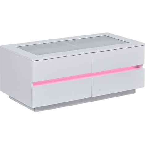 Table basse blanche moderne avec 4 tiroirs, plateau en verre trempé 100x50x40 cm, éclairage LED intégrée (1/5)