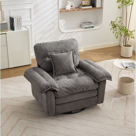 Poltrona girevole 360° grigia in chenille, oversize, con cuscino di supporto e base metallica,116x84x96 cm (1/5)