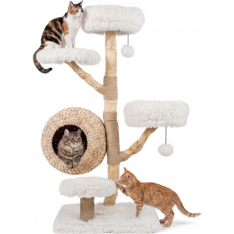 Arbre a Chat en Bois Massif Poirier 134 cm, Tour pour Chat 5 Niveaux avec Griffoirs en Jute, Niche Tressée, Coussins Doux Amovibles, Blanc (1/5)