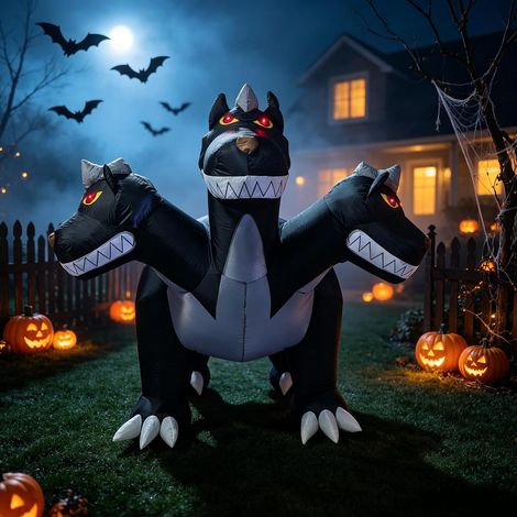 Décoration Halloween Cerbère gonflable 1,8 m, Chien à trois têtes lumineux pour jardin, pelouse et fête (1/5)