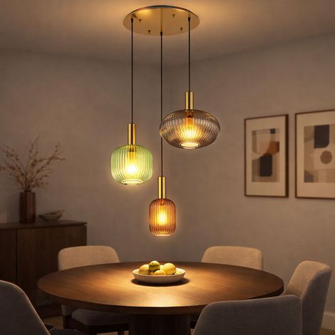 Pendelleuchte Retro messing Hängelampe Esstisch Glas Pendelleuchte Glas 3 Flammig, rauch grün coffee, Alu Metall, 3x E27 Fassungen, DxH 55x130 cm